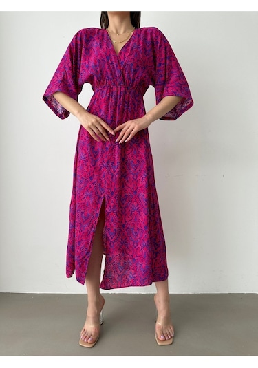 Kadın Kruvaze Yaka Yırtmaçlı Uzun Yazlık Elbise Mavi