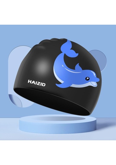 Siyah Çocuk Yüzme Kapakları Kız Erkek Sevimli Karikatür Yunus Uzun Saç Çocuklar İçin Dayanıklı Silikon Su Geçirmez Elastik Yüzmek Kapakları Siyah