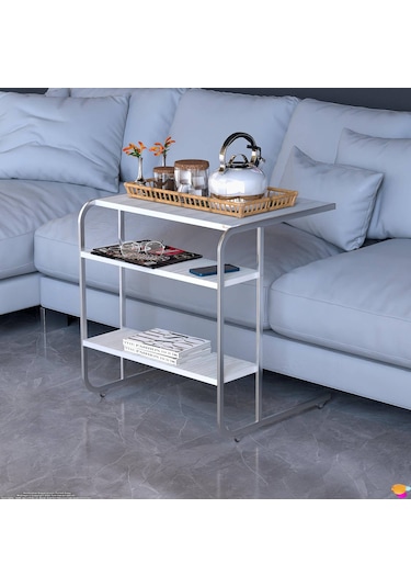 Modilayn C Yan Sehpa Geniş Boy Tekerlekli Çalışma, Atıştırmalık, Yemek, Laptop Sehpası Beyaz Çizgili Beyaz