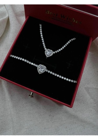 Byantep Beyaz Kalpli Suyolu Kolye + Bileklik Set Gri