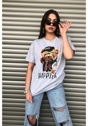 Modagen Kadın Happier Oversize Baskılı Gri T-shirt Hp Gri