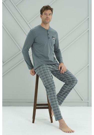 Erkek Interlok Penye Uzun Kol Pijama Takımı 2230 Yeşil Yeşil