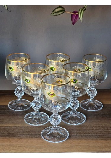 Fermato 6 'lı 24k El İşçiliği - Gerçek Altın İşlemeli 150 Cc'lik Kahve Yanı Kristal Bardak Peacock Gold Çok Renkli