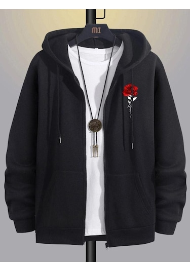 Altamira Unisex Beyaz Çicek Baskı Fermuarlı Kapüşonlu Oversize Hırka 001