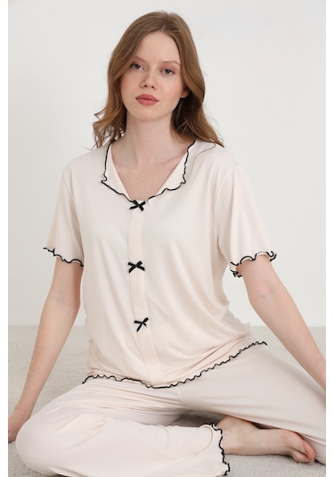 Elitol Bamboo Örme Fiyonklu Kadın Pijama Takımı Ekru-5