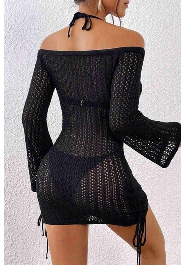 Angelsin Örme Yanlardan Büzgülü Uzun Kollu Plaj Elbisesi Pareo Siyah 001