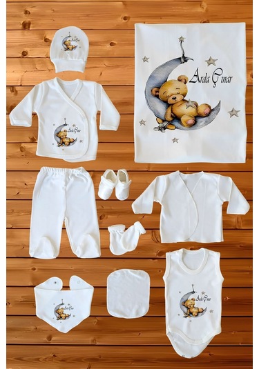 İsim Baskılı %100 Pamuk 10'lu Organik Erkek Bebek Hastane Çıkışı Beyaz