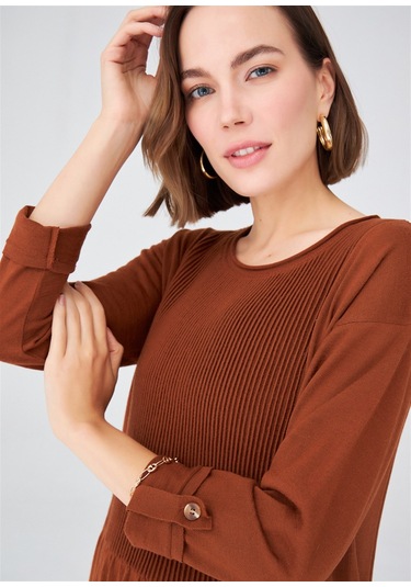 Peraluna Bol Kesim Uzun Kadın Triko Elbise Kahve