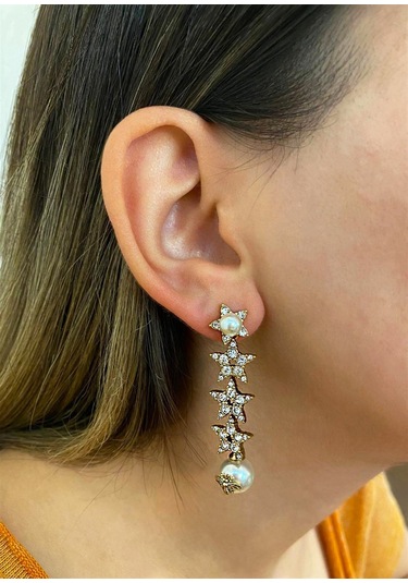 Kadın Yıldız Model İnci Detay Çelik Küpe Gold