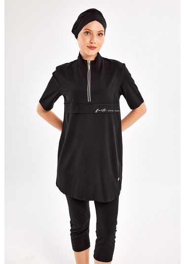Kısa Kollu Spor Likra Yarı Kapalı Mayo Yetta 1603 Siyah Siyah