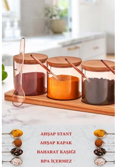 Flosoft Doğal Ahşap Kapaklı Kaşıklı 3’lü Mika Baharatlık, Ahşap Stantlı Sosluk Reçellik Baharatlık Seti Diğer