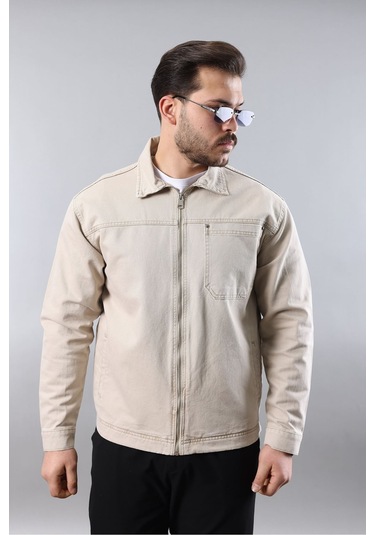 Erkek Regular Fit Bej Spor Model Fermuarlı Kot Ceket Bej