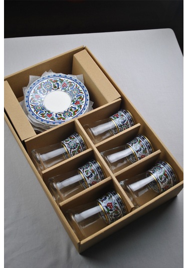 12 Parça 6 Kişilik Lüx Cam Çay Seti Gold Detaylı Altın Renk İşlemeli Lüks Çay Takımı Lacivert