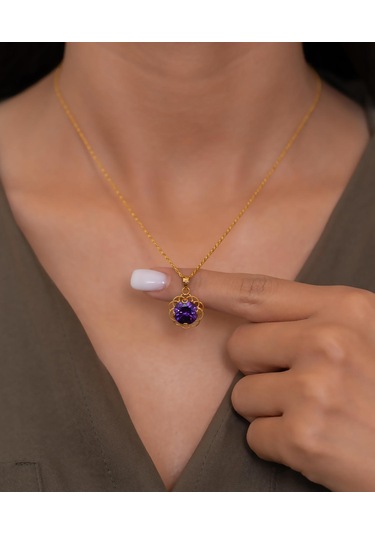 Bayar Gold 14 Ayar Altın Mor Güneş Taşlı Kolye Sarı Altın