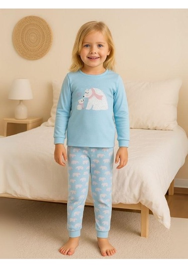 Kız Çocuk Pamuklu Kutup Ayısı Baskılı Pijama Takımı-16020 Turkuaz
