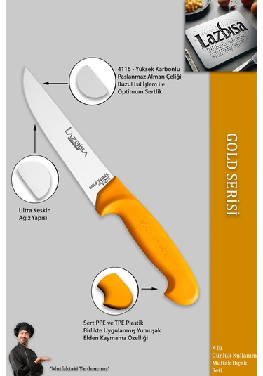 Lazbisa Mtf-007 Gold Serisi Mutfak Bıçak Seti Et Ekmek Sebze Bıçağı 4 Lü Set Günlük Kullanım Sarı