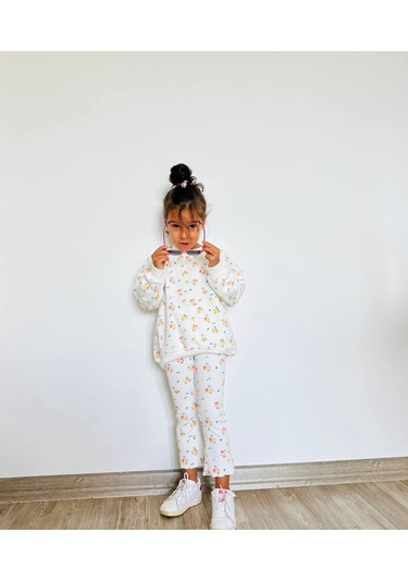 Kız Çocuk Çiçek - Leopar Detaylı 3 İplik Alt Üst Takım Sweatshirt + Tayt Çiçekli