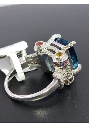 925 Gümüş Mavi Topaz Elmas Tasarım Yüzük 308