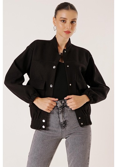 Beli Lastikli Torba Cepli Kaşe Bomber Mont-35004-Siyah