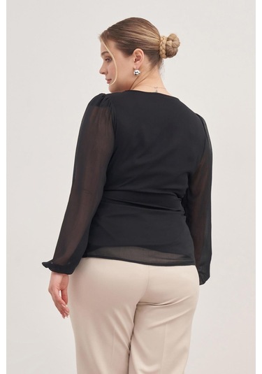 Astarlı Bağlama Detaylı Şifon Bluz-1760 Siyah