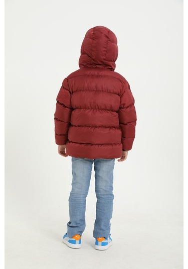 Erkek Çocuk Bordo İçi Polarlı Kapüşonlu Su Geçirmez Rüzgara Dayanıklı Cepli Şişme Kışlık Mont Bordo