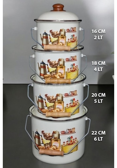 Nishev Zarif İtalyan Zeyno Emaye Yoğurt, Tahıl, Bakliyat Tencere Seti Emaye Bakraç