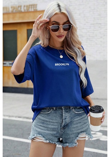 Unisex Brooklyn Baskılı T-shirt Mavi