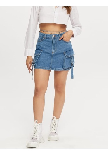 Shevega Kadın Mavi Korük Kargo Cepli Kot Etek Mavi