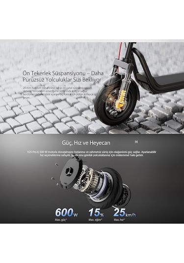 V25i Pro 2 Elektrikli Scooter - Amortisörlü 25 Km Menzil 600w