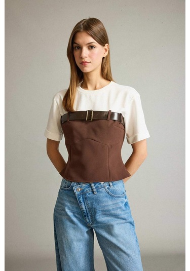 Defacto Bisiklet Yaka Kemer Detaylı Kısa Kollu Bluz G4709ax25wnbn306 Kahve-bn306
