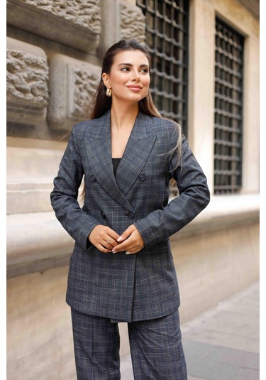 6 Düğmeli Kruvaze Ekose Takım Lacivert Lacivert