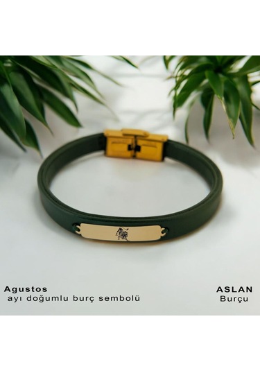 Archin Aslan Burçlarına Dikdörtgen Motifli Yeşil Derili 14 Ayar Altın Plakalı Hediye Bileklik-371burç Aslan