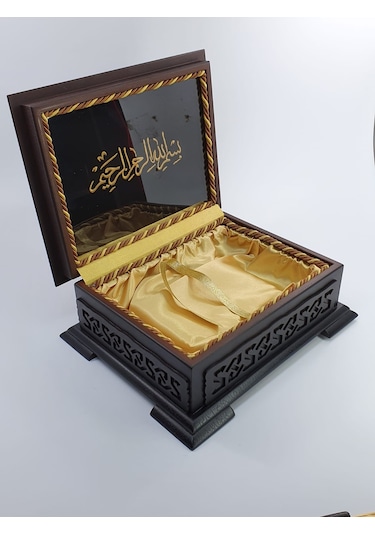İsme Özel Kuranı Kerim Ahşap Kutulu Siyah Deri-Sarı Kutu-