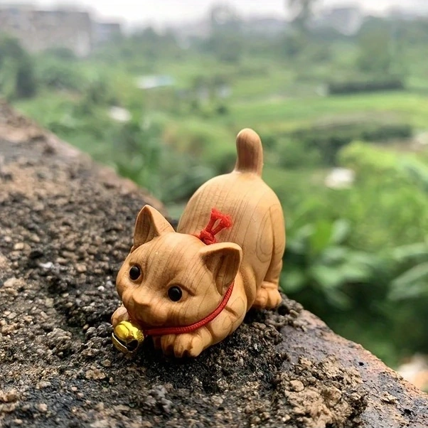 Trendooze Ahşap Kedi Figürü - Doğal Masüstü Dekor Çay Töreni El Yapımı Cloud011