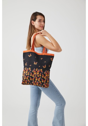 Ays Home Kelebek Desen Siyah Bez Alışveriş Plaj Omuz Çantası Siyah