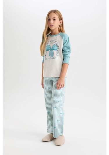 DeFacto Kız Çocuk Pijama Takımı Bisiklet Yaka Baskılı Uzun Kollu Üst Çizgili Uzun Alt D6059A824AUGN1209 Yeşil