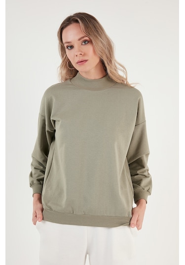 Lela Pamuklu Dik Yaka Basic Örme Bayan Sweat 5863323 Olive