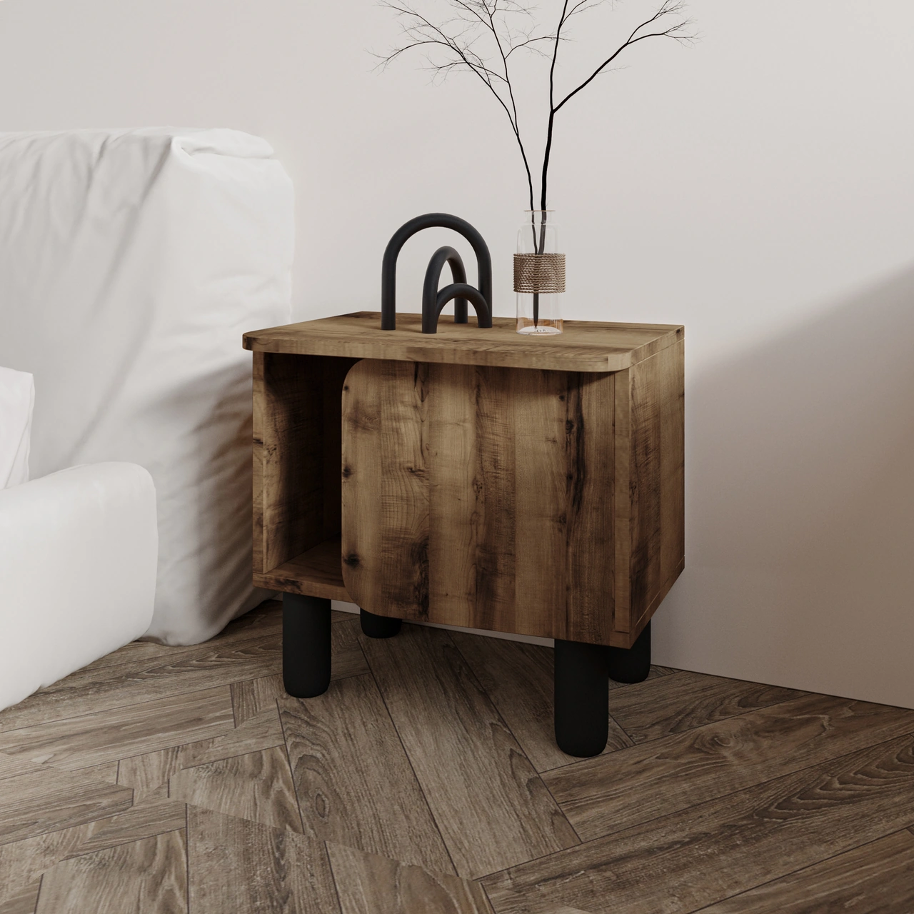 River Komodin Şık Ve Fonksiyonel Başucu Sehpası Antik Ceviz