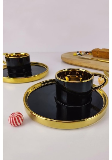 Digithome Kosova Porselen 2 Kişilik Yaldızlı Kahve Fincan Takımı Siyah - İst-85