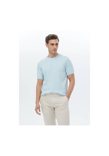 Kip Açık Mavi Hakim Yaka Jakarlı Triko Çok Renkli