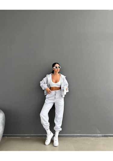 Düz Basic Hırka Eşofman Altı Jogger Alt Üst Takım - Gri Fermuarlı Oversize Kapüşonlu Gri