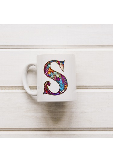 S Harfi Bardak 330 Ml İsme/harfe Özel Hediye, Renkli Harf Tasarım Beyaz