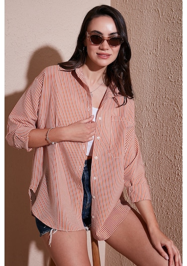 Lela Regular Fit Uzun Kollu Cepli Çizgili Bayan Gömlek 6772895 Kiremit