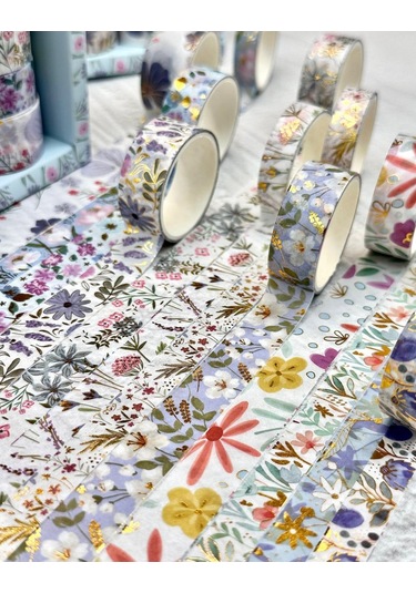 Kare Vintage Washi Tape Bant Yapışkanlı Maskeleme Kağıdı Desenli Bant 12'li - Mavi Çiçekler 1