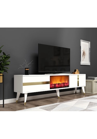 Vannia Tv Sehpası Şömineli Alt Modül Beyaz-altın