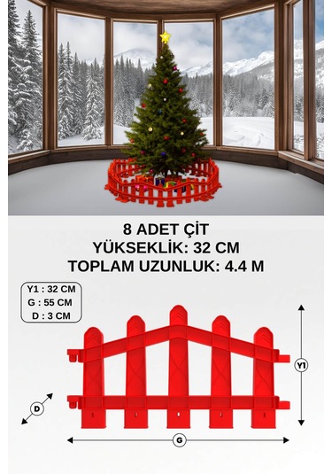 Plastik Yılbaşı Ağacı Çiti (Y: 32 CM G: 55 CM) 8 Adet Sert Zemin Ayaklı - Kırmızı