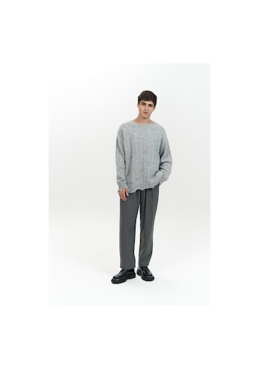 Vincent Yırtık Detay Gri Erkek Triko Kazak Gri