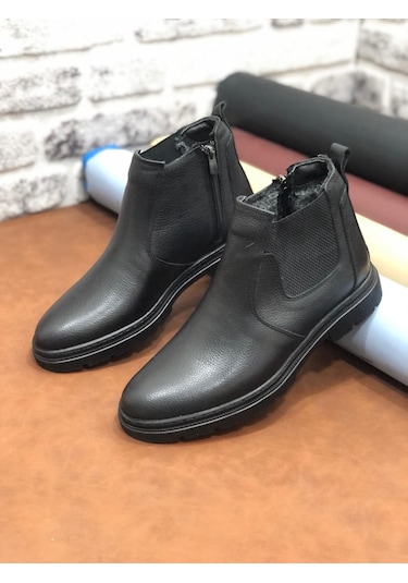 Derilax Hakiki Deri Ortopedik Büyük Numara 45-46-47 Kürklü Kışlık Erkek Bot Siyah