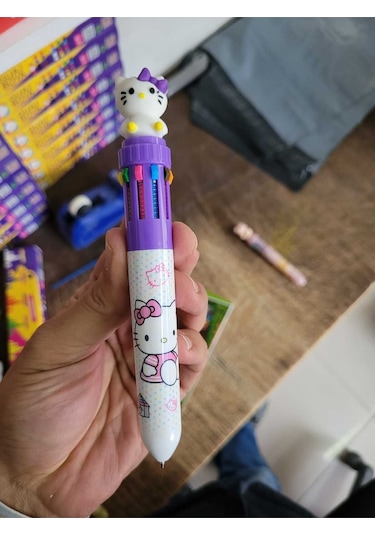 Hediyelik Mor Hello Kity Kalem, 10 Renk Tükenmez Kalem, Tatlı Tatlış İlkokul Ortaokul Çocuk Hediye