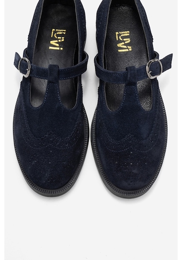 Janney Lacivert Süet Hakiki Deri Bantlı Kadın Loafer Ayakkabı Lacivert